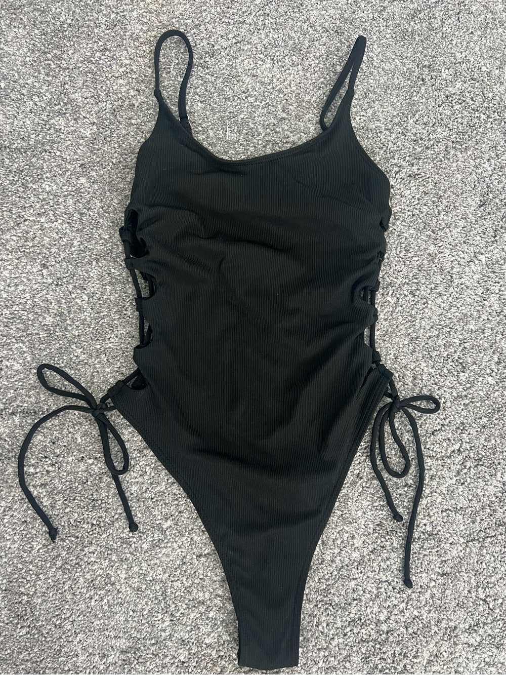 Black Ribbed One-Piece high hip cheeky Swimsuit with Side Tie Details